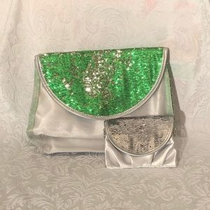 Green and Silver Sequins Cosmetic Bag Set